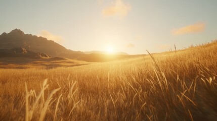 Golden Grassland Sunset Mountain Landscape