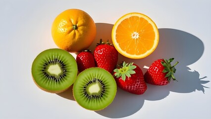 Top view A visually appealing arrangement of fresh fruits, including oranges, strawberries, and kiwis, set against a clean white background