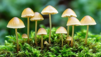 Delicate Yellow Mushrooms Clustered on Lush Green Moss