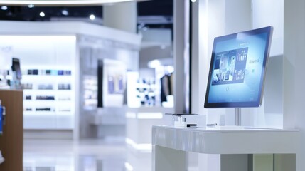 A high-resolution digital signage system with a sleek, modern interface in a clean, professional retail environment