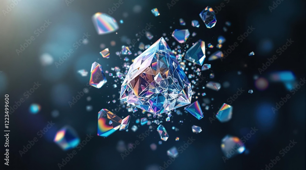 Poster shimmering crystals exploding in motion against dark background