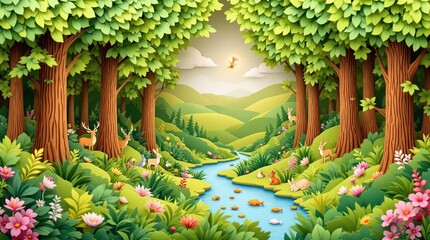 Fototapeta premium Idyllic forest scene with river, wildlife, and lush greenery under a sunny sky
