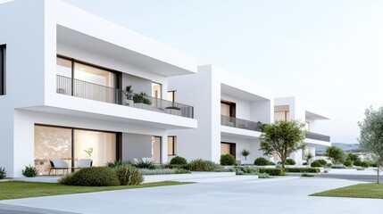 Modern white villas, landscaped gardens, coastal view, real estate development