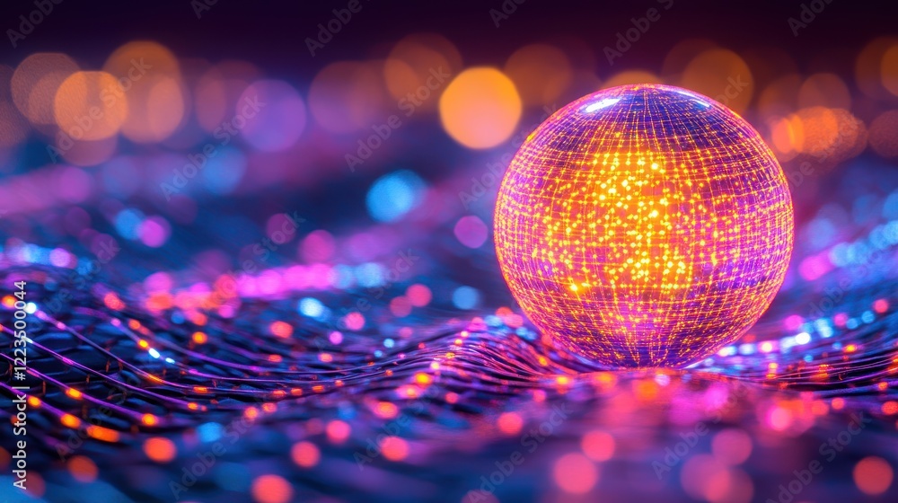 Poster illuminated sphere rests on a vibrant network surface