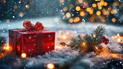 Festive red gift in snowy winter wonderland with glowing lights and pine branches