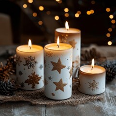 Christmas candles with golden stars and snowflakes on a wooden background