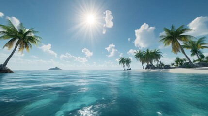 Idyllic Tropical Island Scene With Palm Trees And Clear Ocean