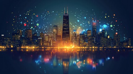 Obraz premium Night City Skyline Illuminated With Festive Lights