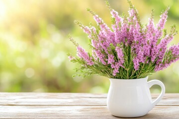 Beautiful bouquet of soft pink heather flowers in a white ceramic vase on a rustic wooden table illuminated by natural sunlight