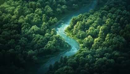 Obraz premium Aerial View of a Serene River Flowing Through a Lush Green Forest Canopy