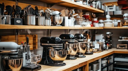Kitchen shelves stocked with various baking and cooking tools
