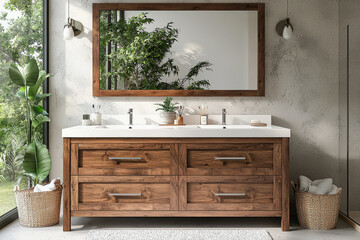 Cuarto de baño moderno con un mueble lavabo de madera, doble grifería y gran cristal, con paredes en gris y gran ventanal con vistas al jardín