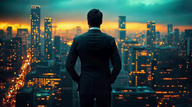 Business executive in suit overlooking illuminated urban skyline during sunset, professional confident leader standing on rooftop against city panorama with modern skyscrapers and glowing lights