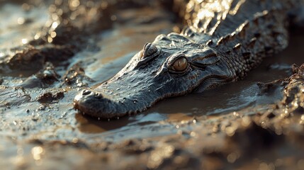 Obraz premium Spectacular Close-Up of a Young Caiman Partially Submerged in Murky Water