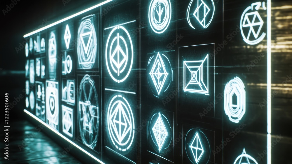 Poster futuristic interface displaying geometric symbols and designs
