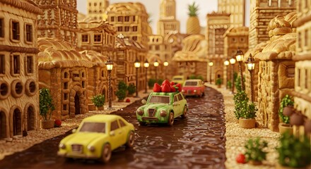 Fototapeta premium Adorable Bread Cityscape with Toy Cars and Strawberries