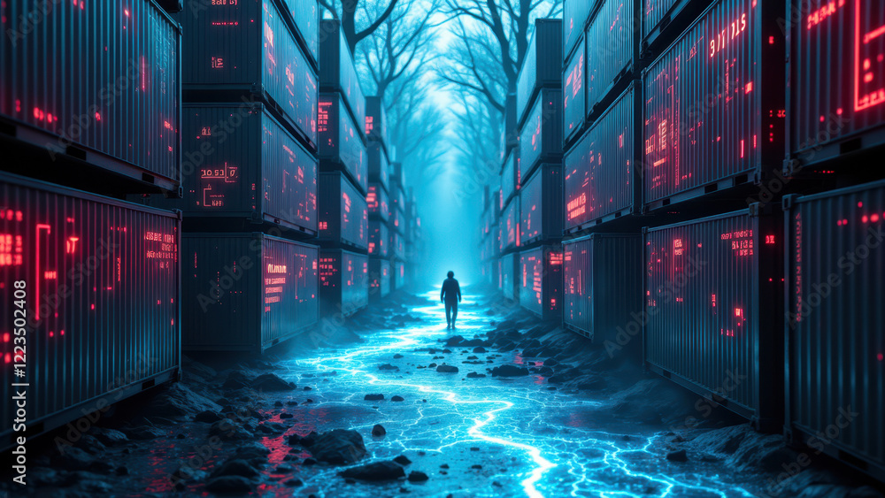 Poster futuristic scene with a person walking through an industrial area surrounded by glowing containers a