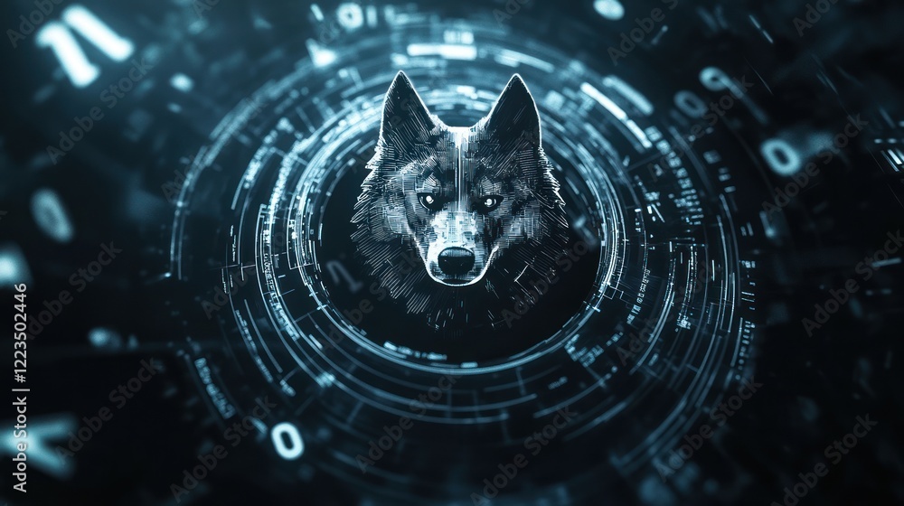 Poster Digital Wolf Head Encircled by Binary Code