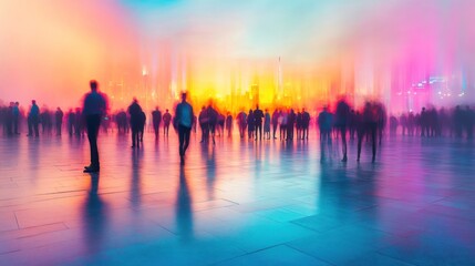 Fototapeta premium Blurry Crowd Silhouetted Against Vibrant City Lights