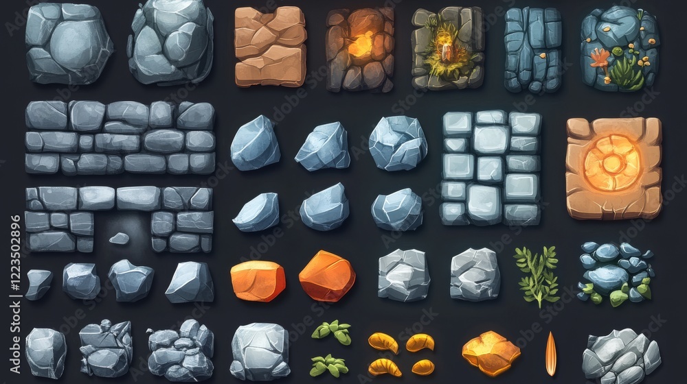 Poster set progress bars and game buttons ui or gui design elements. cartoon interface of stone texture. me