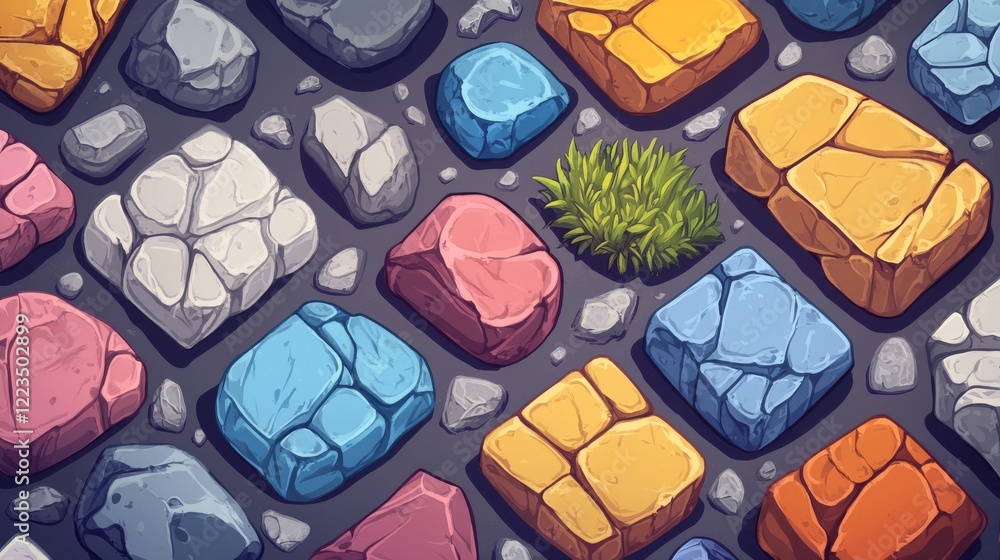 Poster set progress bars and game buttons ui or gui design elements. cartoon interface of stone texture. me