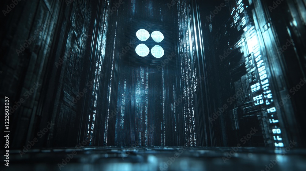 Poster Futuristic Digital Corridor Illuminates Binary Code