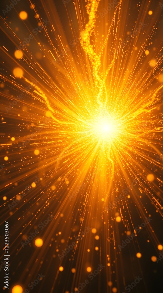 Poster explosive golden light burst with radiant particles in a dynamic abstract style