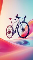 Fototapeta premium A sleek 3D-rendered road bike floating in mid-air, surrounded by swirling geometric shapes on a soft gradient background