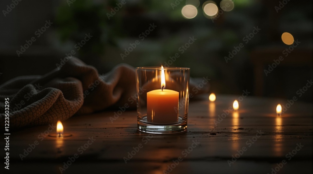 Poster a cozy scene with a lit candle in a glass holder placed on a wooden table. the candle has a warm, in