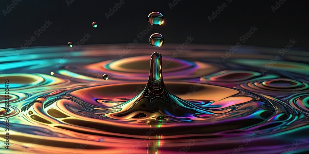Poster vibrant water droplet splash with dynamic multicolored light reflection on calm surface