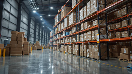 a large warehouse with high shelves filled with cardboard boxes. The floor is polished and reflective, and there are bright lights illuminating the space.