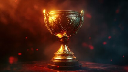 Golden trophy with ornate design on dramatic background