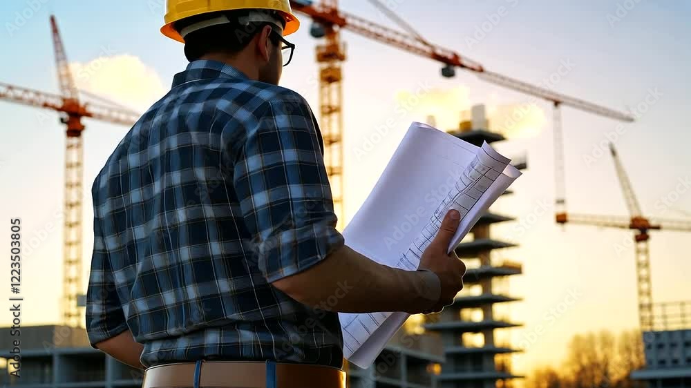 Poster close-up of a construction worker holding blueprints, with a crane and a partially constructed build