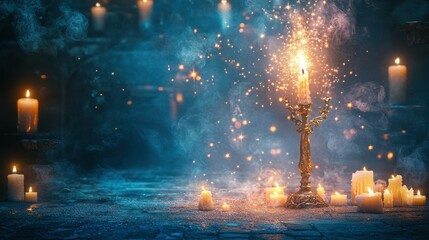 Magical candles illuminating dark enchanted forest with sparkling lights