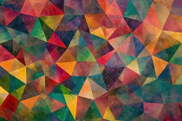 Fototapeta premium A background of colorful triangles in various shades and sizes, creating an abstract pattern with geometric shapes. The colors include reds, greens, blues, yellows, and purples.