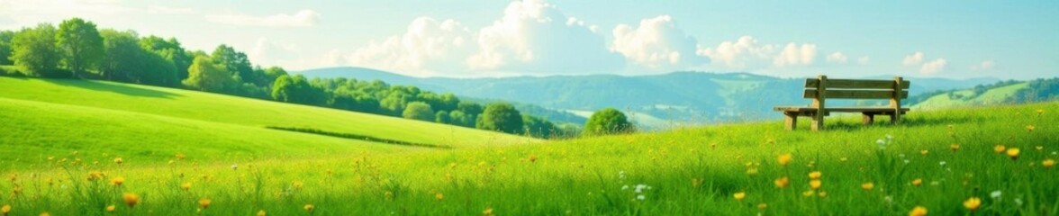 Fototapeta premium Serene meadow landscape with a wooden bench on a gentle slope, green, flowers, meadow