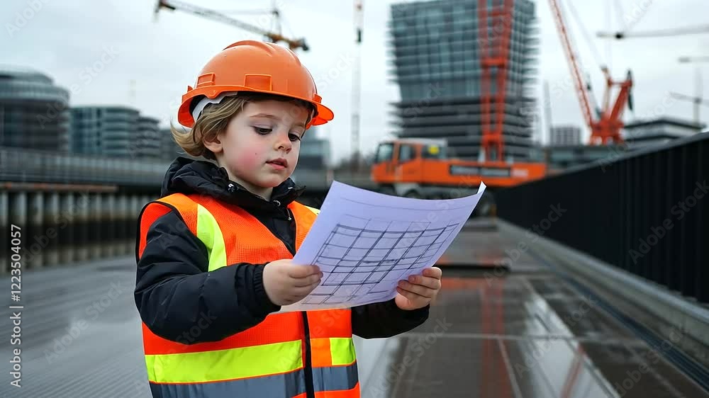 Aufkleber worker in a hardhat and reflective vest, analyzing plans on-site with a crane and modern architectur