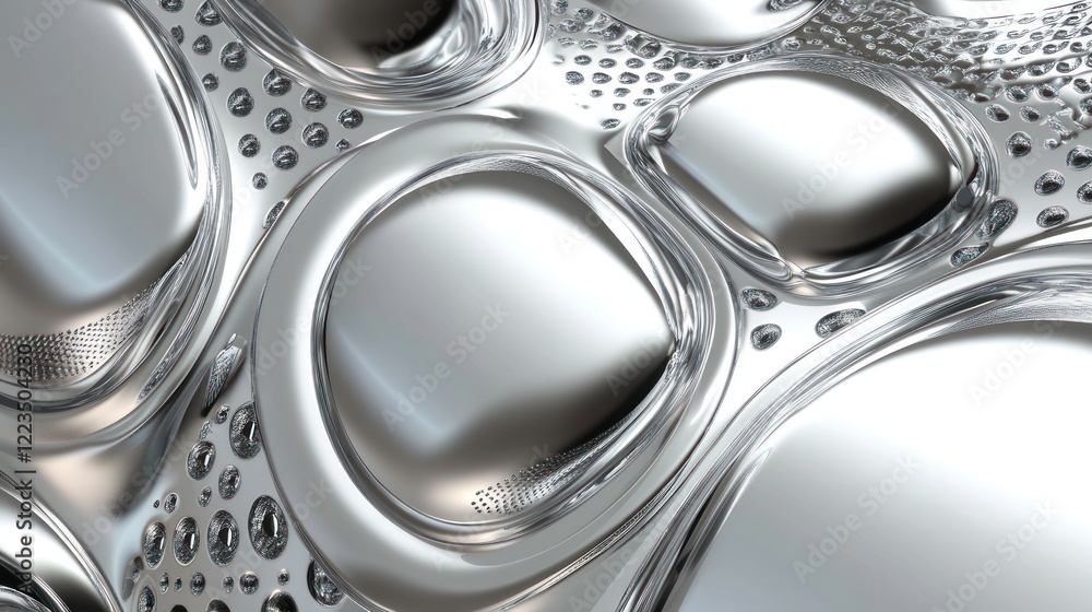 Poster abstract silver metallic surface with bubbles and curves