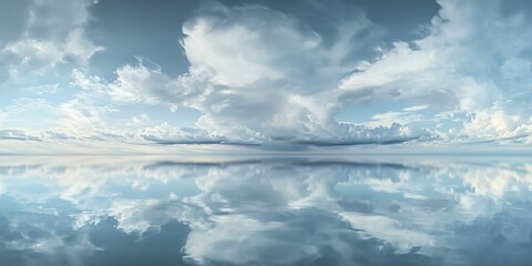 Large white clouds reflected in water under a bright blue sky