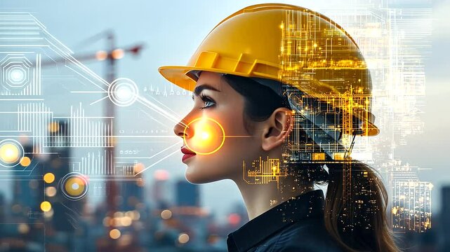 Female construction engineer in profile view, wearing a yellow hard hat, with a city skyline and cranes subtly superimposed over her image.