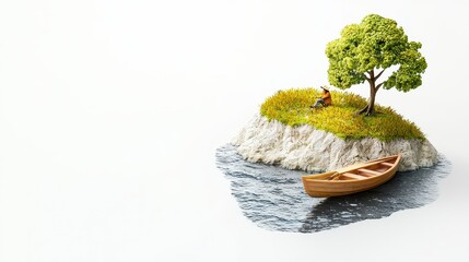 Tranquil Miniature Island Scene: Pixel Art of Person Resting Under a Tree by a Small Boat
