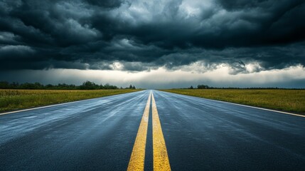 Wet Highway Under Dramatic Storm Clouds: A Moody Landscape