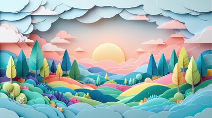 Colorful paper art landscape with sunrise and rolling hills in creative nature scene