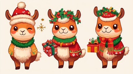 Set of stickers with New Year Llama, vicuna Peru animal. Christmas alpaca cartoon character. Mexican Lama mascot with cute face wear xmas festive clothes, garland and gift box isolated cut out patches