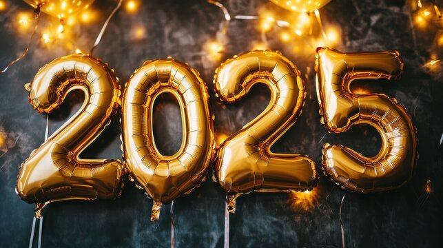 Gold 2025 balloons with twinkling lights celebration atmosphere