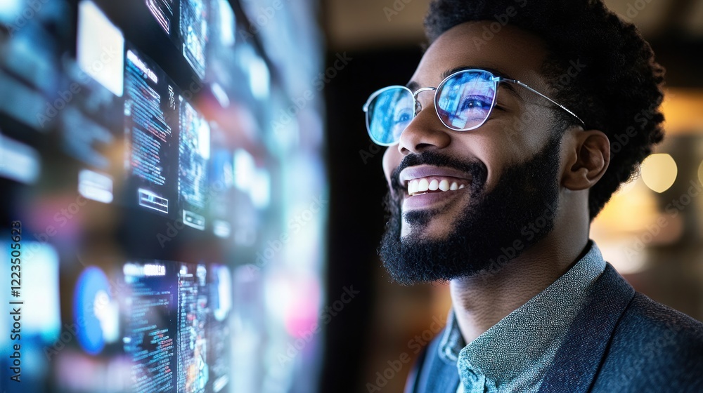 Poster Man smiling while viewing digital data screens