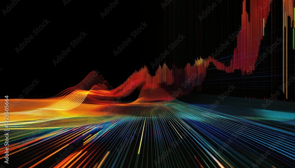 Poster dynamic data visualization with colorful lines and financial graph on black background