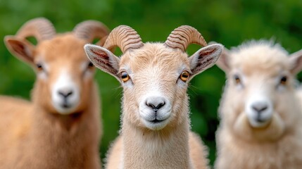 Fototapeta premium Three sheep facing camera, lush green background, farm animals portrait, nature photography