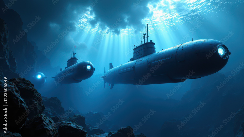 Poster underwater view of two submarines with a sunburst effect in background.