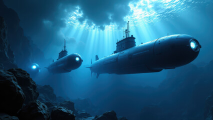 Underwater view of two submarines with a sunburst effect in background.